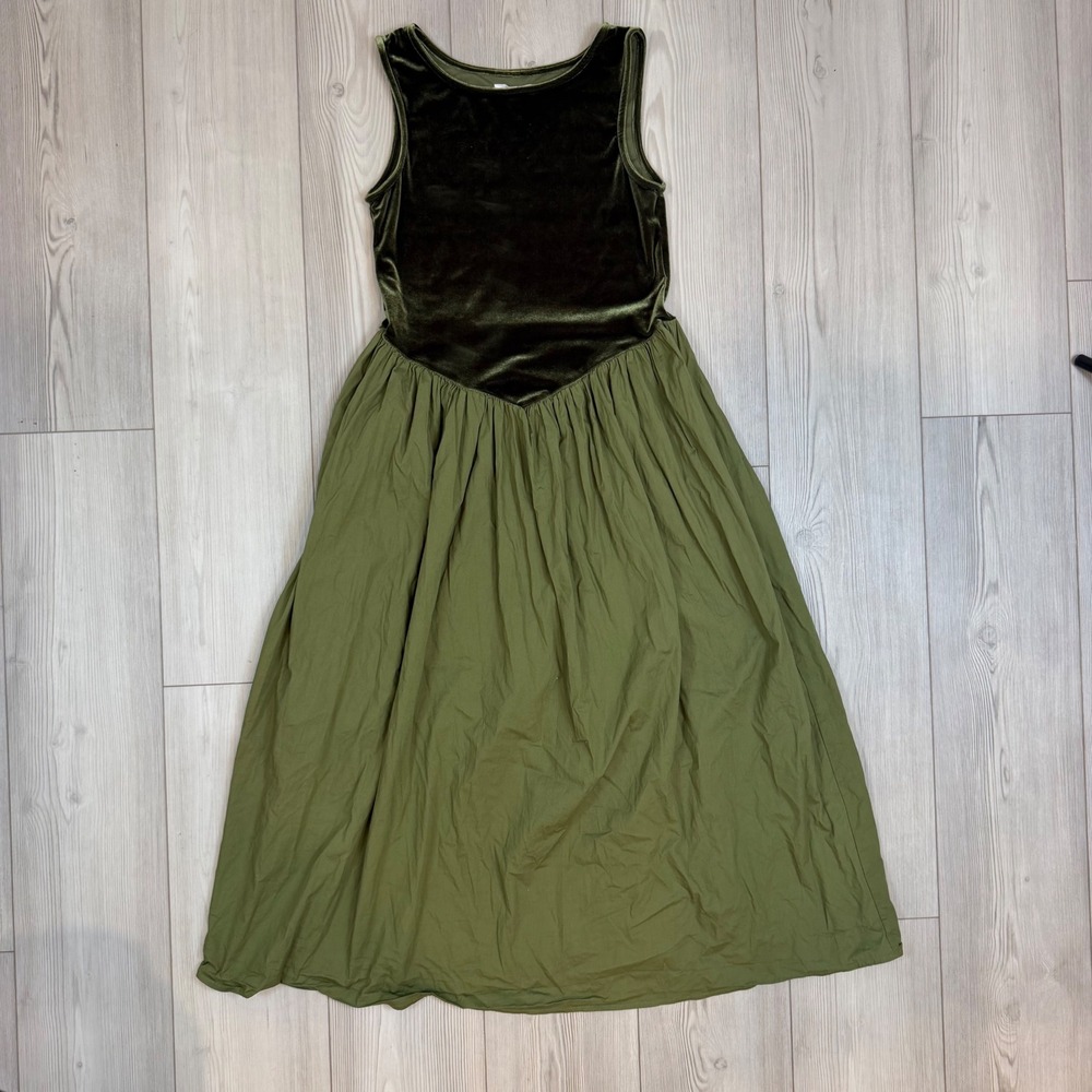 Sunday Ritual Olive Green Velvet Bodice Cotton Skirt Midi Dress XL Pockets
